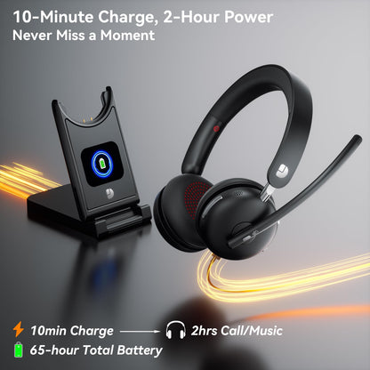 Dytole Wireless Headset with Mic for Work-Bluetooth 5.3 Headset with Noise Cancelling, Wireless Headsets with 65Hrs Battery & 10Min Fast Charge, Smart Dock with Digital Display for PC/Computer/Teams