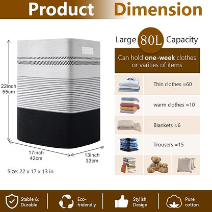 80L Large Cotton Rope Laundry Basket for Bedroom & Laundry Room, Tall Clothes Hamper with Sturdy Handles, Neutral Storage Bin Capable of Holding Blankets and Toys