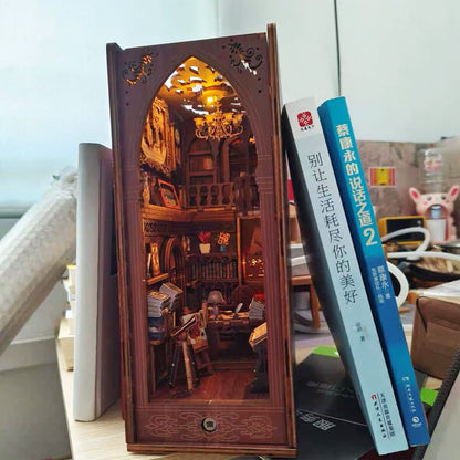 3D Wooden Magic Library Book Nook Kit - Enchanting Bookshelf Insert with Touch LED | DIY Bookend Decor | Ideal for Adults & Teens (Library)