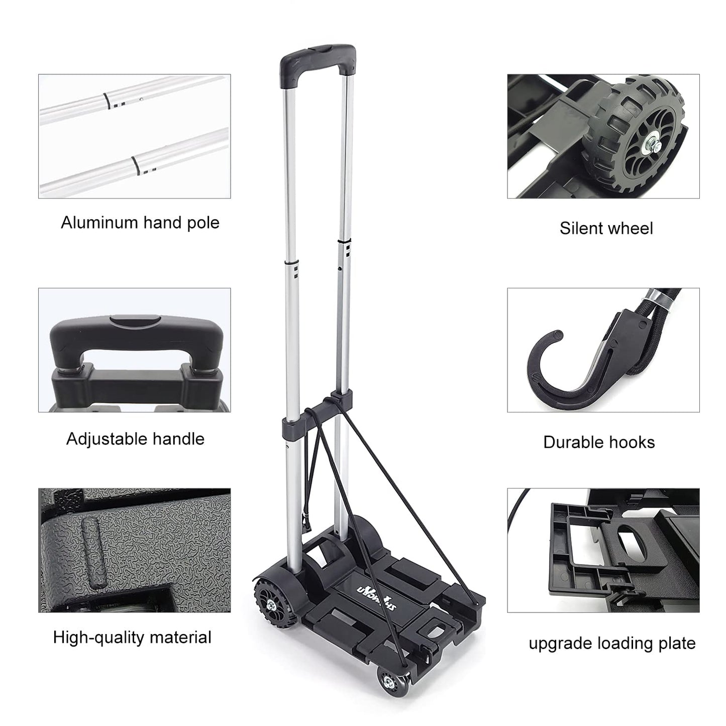 ZHJINGYU Folding Hand Truck Trolley, Utility Cart with 4 Wheels & 2 Elastic Ropes, Portable Backpack Trolley, Luggage Dolly, Travel & Moving, Shopping, Aluminum, Black, Small