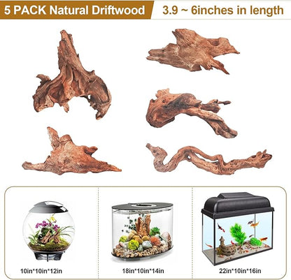 Natural Driftwood Decor for Aquarium Decorations Reptile Tank Accessories, Assorted Wood Branches Decorations on Reptile Fish Tank 2-10" 2 Pcs/4 Pcs/ 5 Pcs/ 6 Pcs (Pack of 5 (3.9 to 6 Inch))