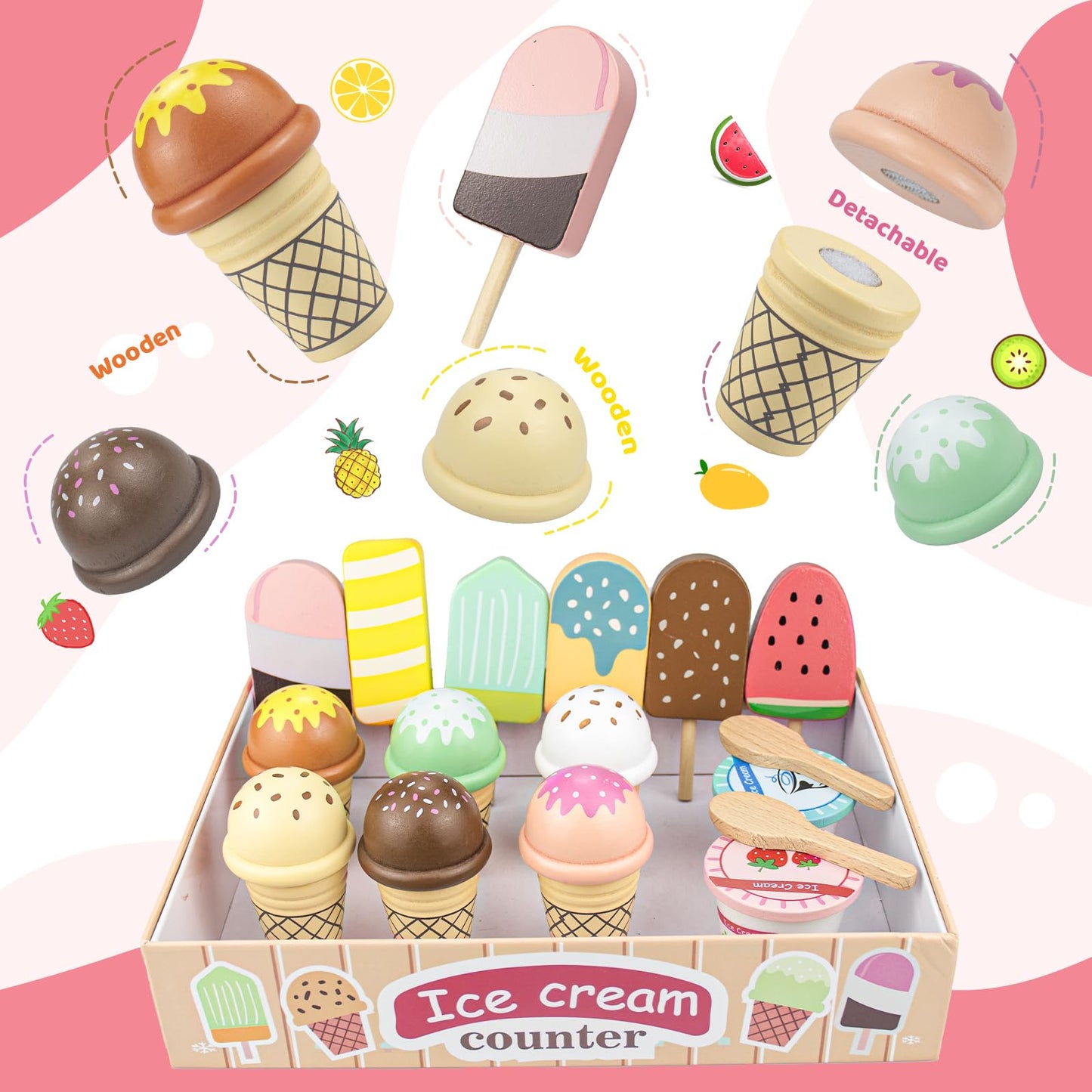 Wooden Ice Cream Toys – 32 pcs Pretend Ice Cream Play Set with Scooper, Menu, Fake Money & Storage | Wooden Play Store Counter Shop & Toy Gift for Toddlers Girls Boys Ages 3 4 5 6 7 8