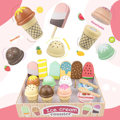 Wooden Ice Cream Toys – 32 pcs Pretend Ice Cream Play Set with Scooper, Menu, Fake Money & Storage | Wooden Play Store Counter Shop & Toy Gift for Toddlers Girls Boys Ages 3 4 5 6 7 8
