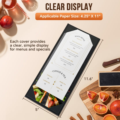 MYFULLY Restaurant Menu Holders 4.25" x 11", 6 Pack Black PU Leather Single Panel Menu Covers with Angled Corners for Restaurant, Bar, Coffee Shop, Wine List (1 View)