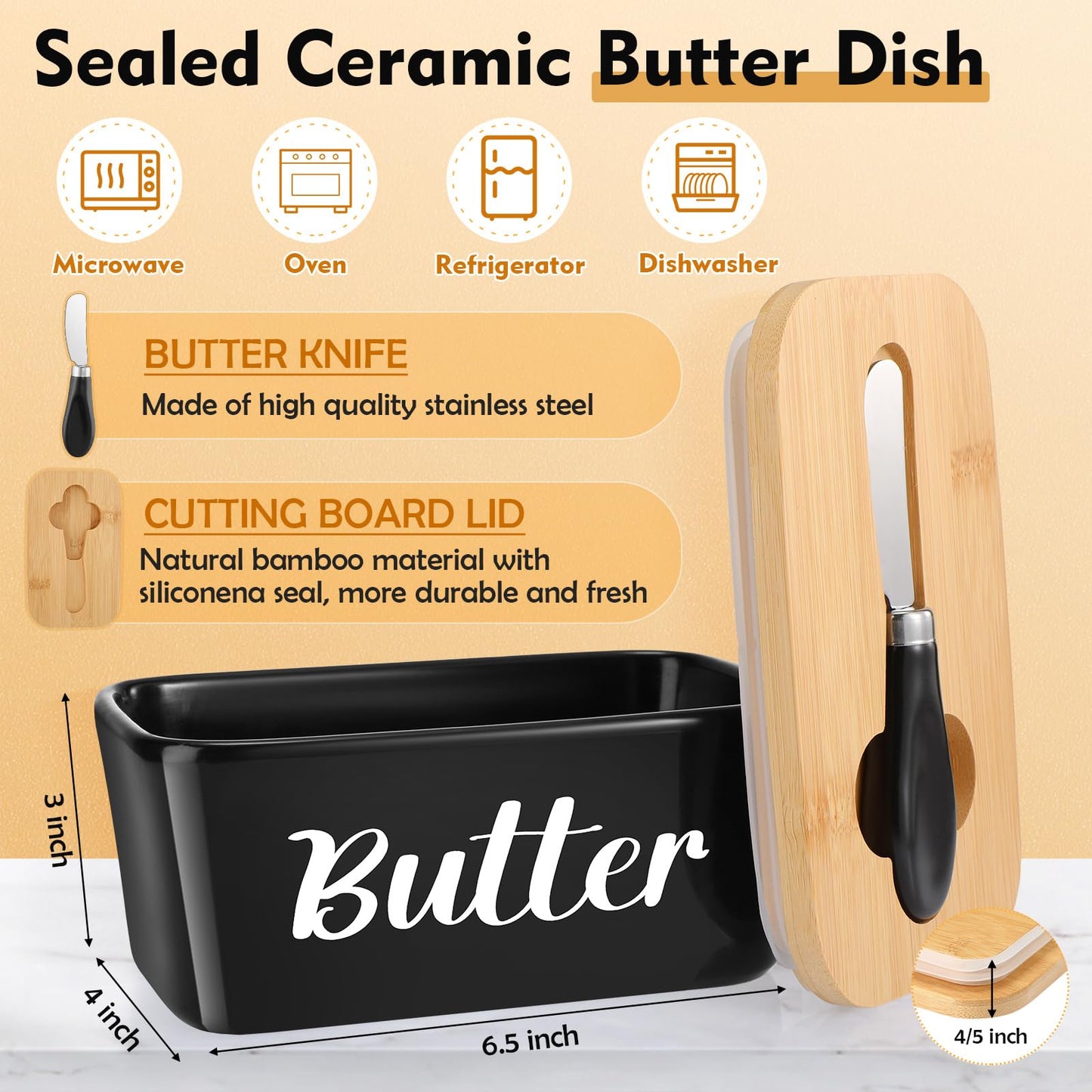 Qinyoung 2 Pcs Large Bread Box Set for Kitchen Countertop with Ceramic Butter Dish Holder Bamboo Lid Knife Metal Bread Holder Farmhouse Kitchen Storage Container for Home Housewarming Gift(Black)