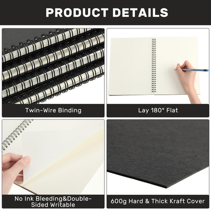 Gueevin 2 Pack Sketch Books Bulk 7.5" x 10" Spiral Bound Sketch Pads for Drawing Hardcover 60 Sheets Bulk Sketchbooks for Artist Adult Art Supplies Pencil Pastel,100gsm (Black)