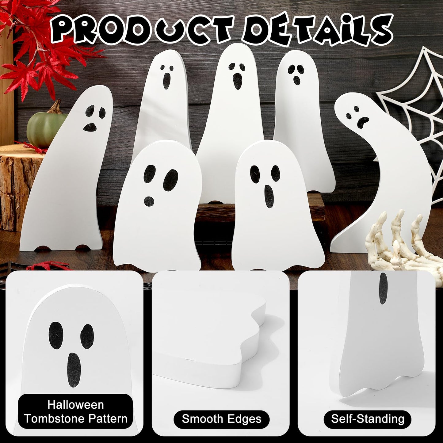 Whaline 7Pcs Halloween Wooden Table Signs Cute Ghost Shape Wooden Cutouts Rustic Tiered Tray Decor for Home Office School Desk Tabletop Decoration