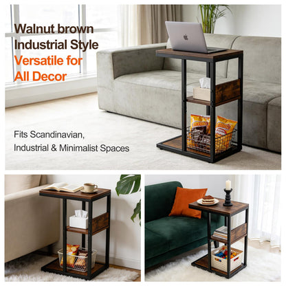 King Oasis 3-Tier Brown Metal Side Table - Industrial End Table & Nightstand with Adjustable Feet, 80LB Sturdy Small Bedside Table Storage Shelf for Living Room, Bedroom, and Small Spaces