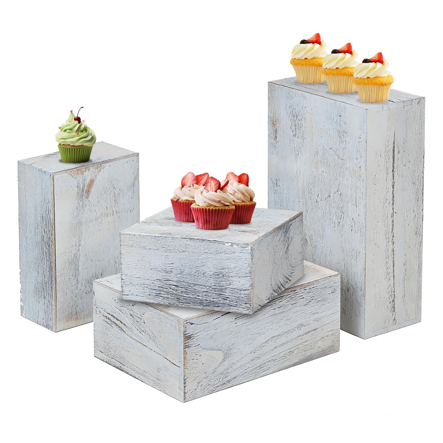 Vankcp Set of 4 Wooden Cake Stands, Square Wooden Crates, Antique White Cupcake Stands, 12 inches Rustic Square Cupcake Box,Wood Display Risers for Wedding,Birthday Party,Christmas(Antique White)