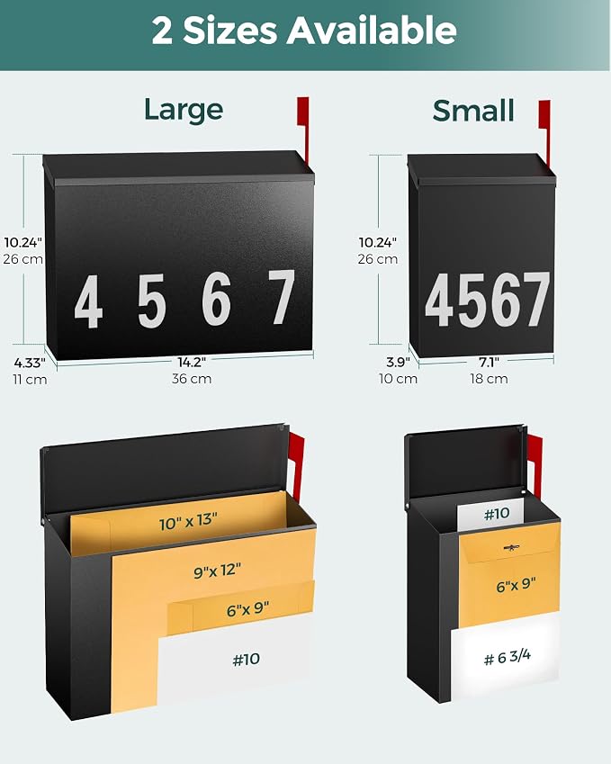 LAND·VOI Modern Wall-Mount Mailbox, Mailboxes for Outside, with One Flag Kit and Three Sets of 0-9 Mailbox Number Stickers, Rust-Proof Metal Post Box, 4.33" Dx14.2 Wx10.43 H, Textured Black, AMB03B01