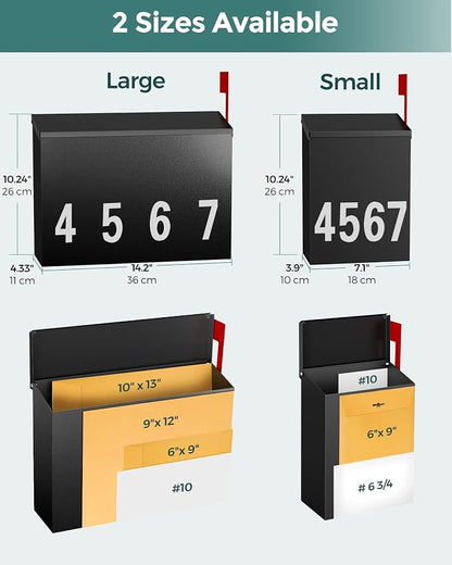 LAND·VOI Modern Wall-Mount Mailbox, Mailboxes for Outside, with One Flag Kit and Three Sets of 0-9 Mailbox Number Stickers, Rust-Proof Metal Post Box, 4.33" Dx14.2 Wx10.43 H, Textured Black, AMB03B01
