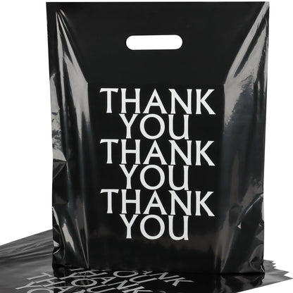 POPGIFTU Black Thank You Bags 12x15, 100 PCS Plastic Shopping Bags with Handles, Boutique Retail Bags for Small Business, Merchandise Gift Bags Bulk