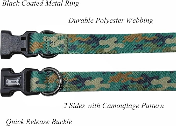 Dog Collar Leash Set, Camouflage Pattern, Polyester Material, Adjustable Collar and 5ft Matching Leash, for Medium Dogs.(M, Green Camo)