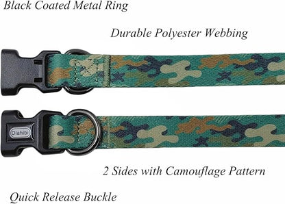 Dog Collar Leash Set, Camouflage Pattern, Polyester Material, Adjustable Collar and 5ft Matching Leash, for Puppy Dogs.(XS, Green Camo)