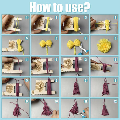 ORIGACH 4 Pcs 3 in 1 Wooden Llama Pom Poms and Tassel Maker -Knitting Tool -Loom Fluff Ball Making Knitting Craft Tool for Tassel Lace Knot Weaving Handicrafts