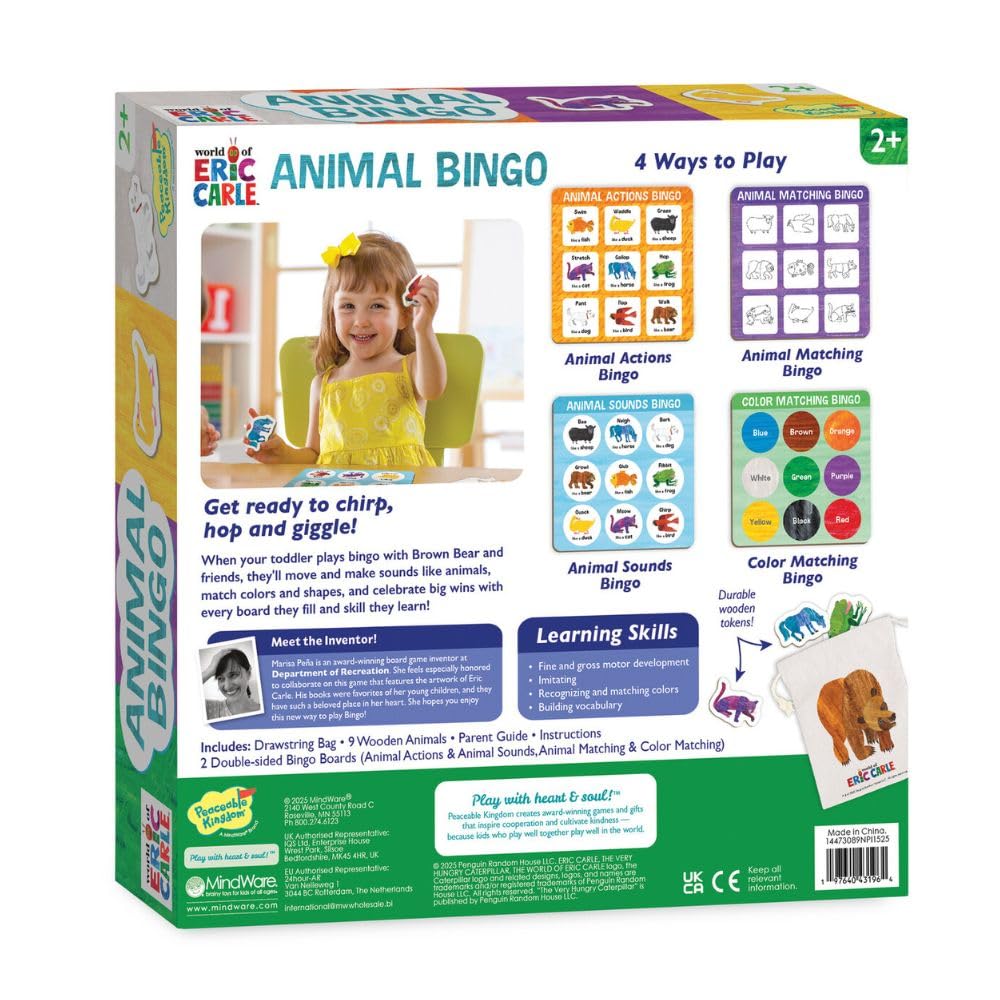 World of Eric Carle: Animal Bingo Game – Wooden Toddler Bingo Set Featuring Brown Bear – Learn Animal Sounds, Movements, Colors & Matching – Preschool Game for Ages 2+