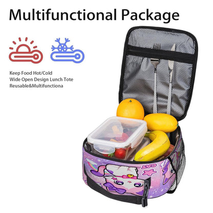 AUUXVA Cute Kids Insulated Lunch Bag - Girls Lunch Boxes for School Waterproof Lunchbox with Water Bottle Holder, Reusable Portable Lunch Tote for Office Beach Picnic(Cat)