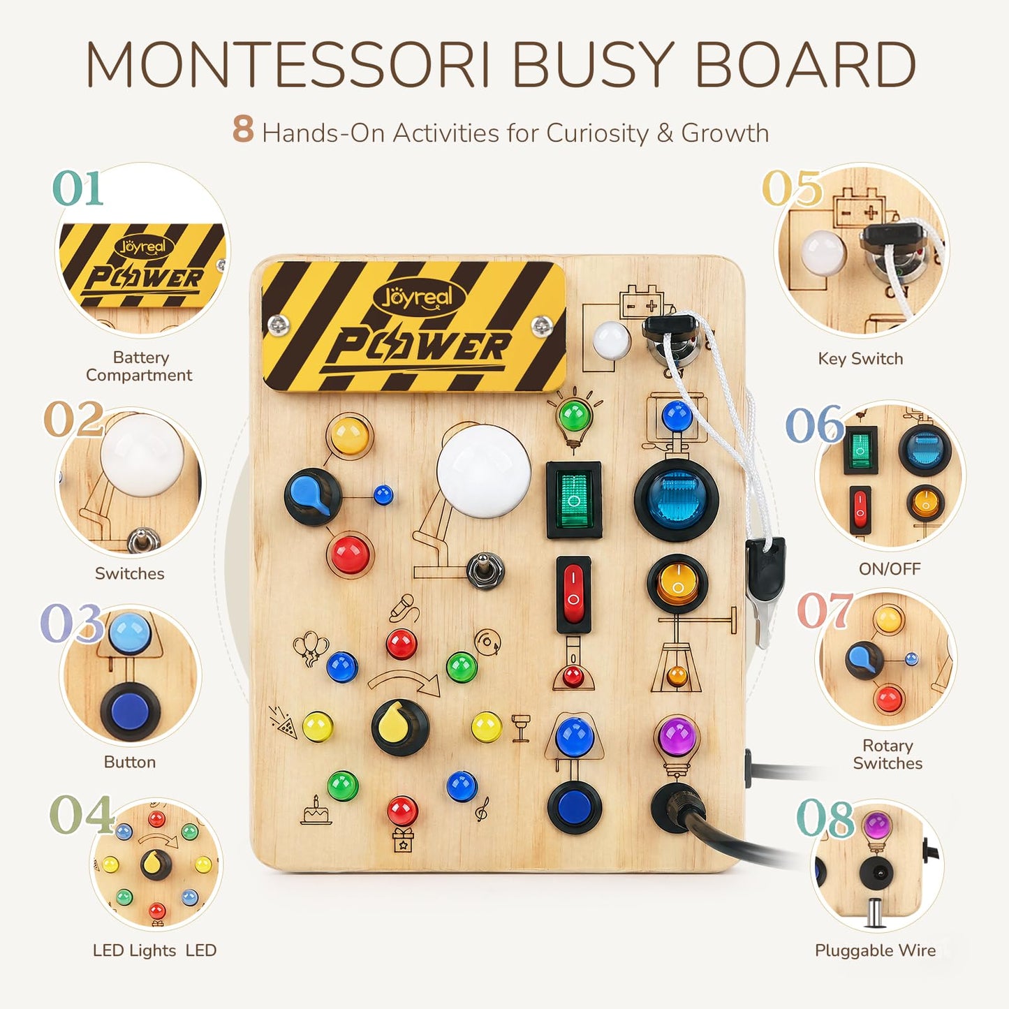 Joyreal Busy Board for Toddlers 1-3 - Montessori Toys for 1 2 3 Year Old, Wooden Sensory Activity Board with 10 Switches&19 Lights, Ideal Educational Travel Toy Gift for 1+ Year Old Boy&Girl Birthday