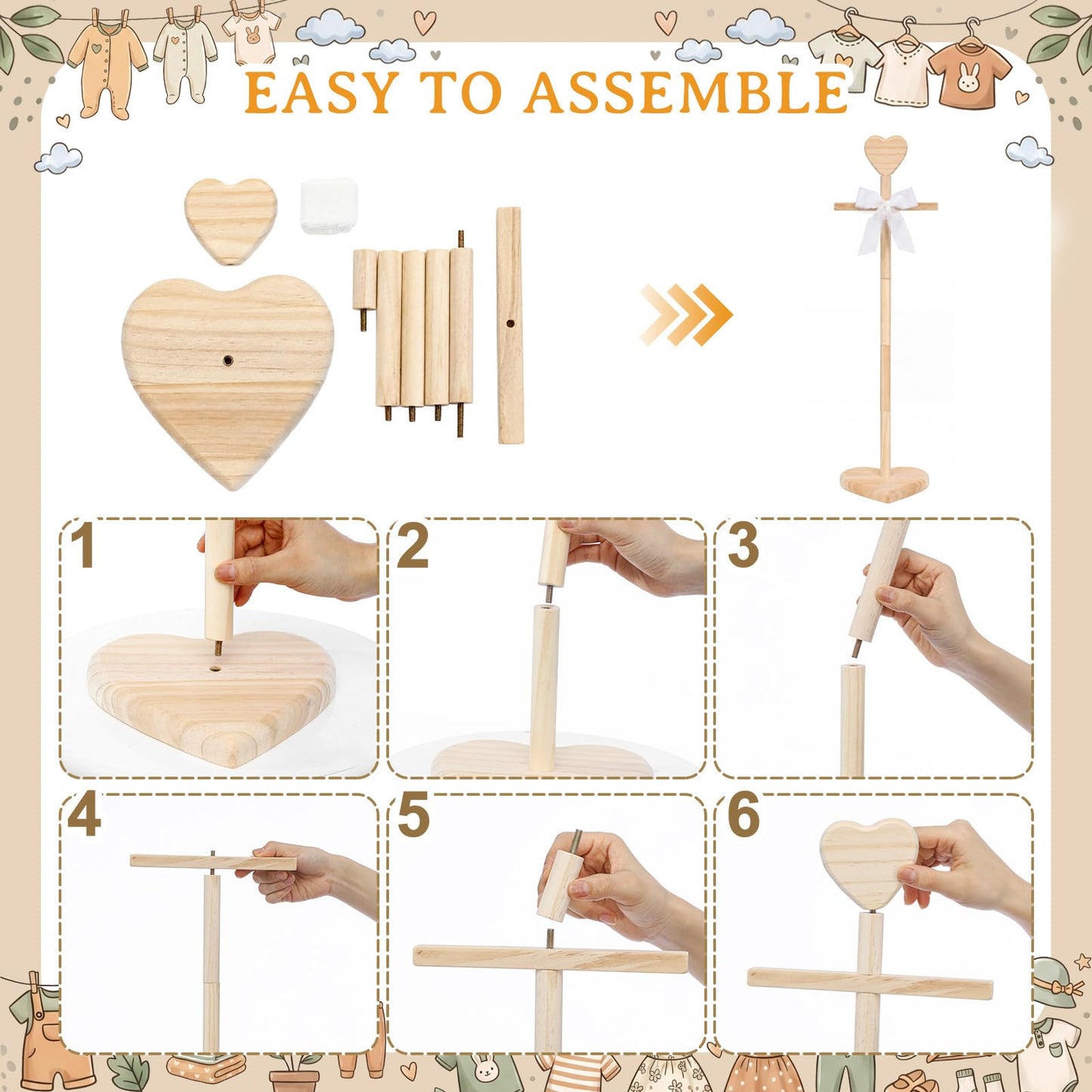 Fuutreo 2 Packs Baby Clothes Display Stands Heart-Topped Baby Shower Centerpiece Babies Clothes Rack with Bow Wooden Adjustable Outfit Hangers Display for Layette Dress, Hand Assembled(Wood Color)