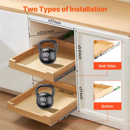 VEVOR Pull Out Cabinet Organizer, 20"W x 21"D Cabinet Drawer, Soft Close Slide out Shelf, Heavy-Duty Sliding Wood Drawer, Bottom Mount Size（20.5"W x 23"D）and Side Mount Size（21"W x 23"D）