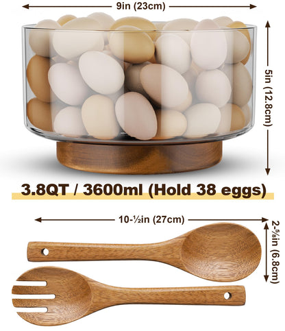 NiHome Glass Salad Bowl with Acacia Wood Salad Tongs, Large Capacity Design with Enhanced Stability, Versatile Serving Dish for Salads, Fruits, Ideal for Gatherings & Daily Family Dining