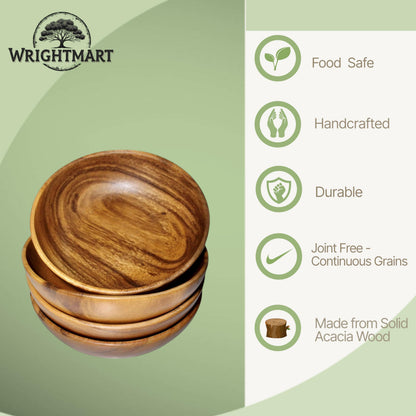 WRIGHTMART Wooden Bowls for Food Set of 4, 7 Inch Solid Acacia Wood Bowls, Joint-Free Wooden Salad Bowls, Non Laminated Handmade Bowls for Cereal, Fruit & Pasta