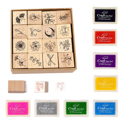HRJZF of 24 Pcs Rubber Stamp and Craft Ink Set 16 Pcs Wooden Rubber Stamps 8 Pcs Ink Pad for Craft DIY Card and Scrapbooking