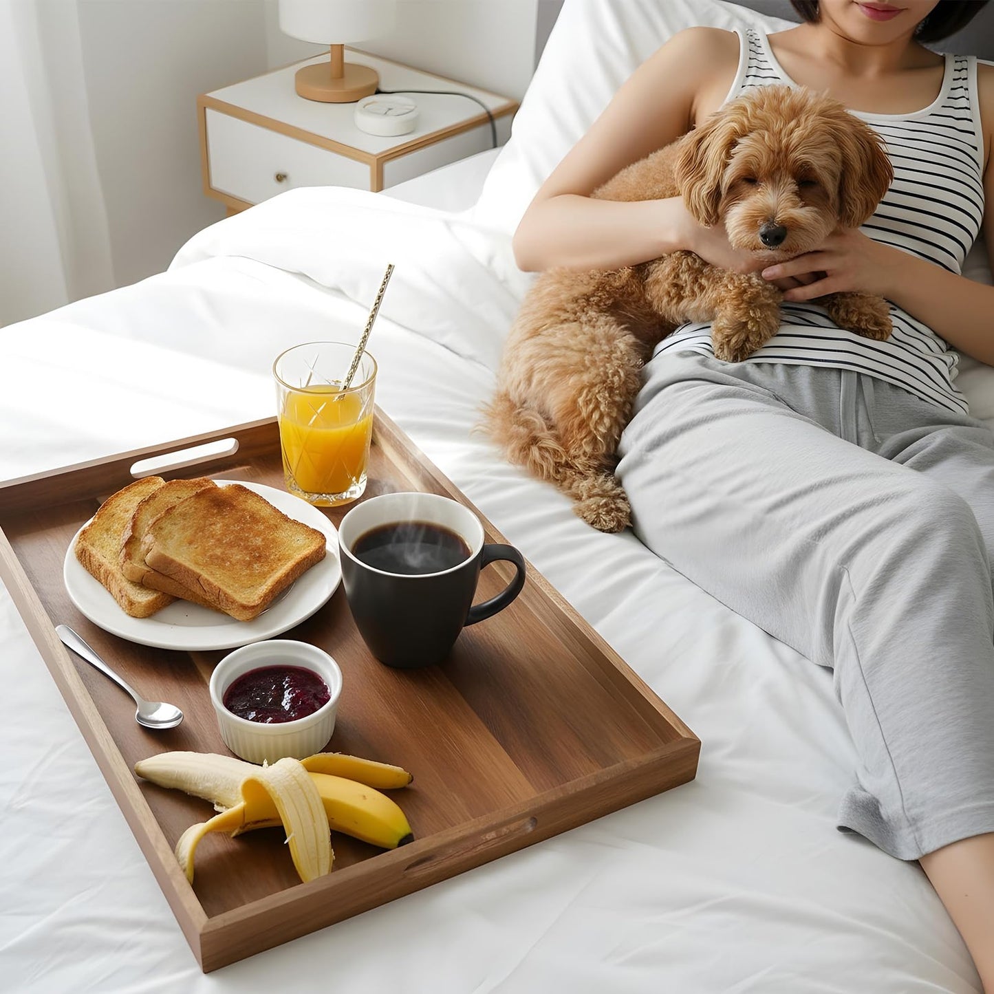 17.7 Inch Acacia Wood Serving Tray with Handles Ottoman Tray for Living Room Large Wooden Trays for Ottoman Coffee Table Trays RectangularTray for Breakfast in Bed Dinner Bedroom Entryway Kitchen