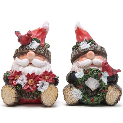 Hodao Christmas Santa Gnome Figurines, Set of 2 – Red Hat Woodland Gnomes with Cardinal, Poinsettia Bouquet & Holiday Wreath – Winter Decor & Gift for Tiered Tray, Mantel, Tabletop, Windowsill