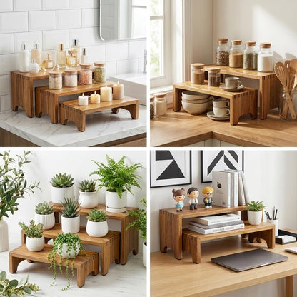 ZUJJAFY Set of 3, Acacia Wood Risers Display Stands, Cupcake Stand Decorative Display Risers for Food Desserts, Tiered Wooden Riser Display Stands for Vendor Events, Party, Wedding