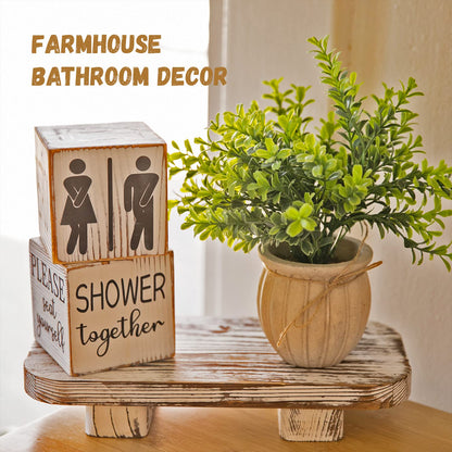 Liswit Farmhouse Funny Bathroom Decor Signs, 3 Wooden Blocks with Plant & Tray, Rustic Decoration for Bathroom Countertop