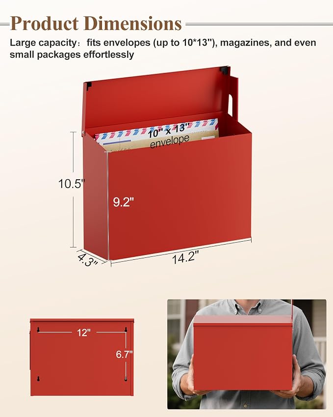 Wall-Mount Mailbox for Outside, Large Capacity Rust-Proof Mail Box with Stay-Open Lid & Red Flag Kit, Galvanized Steel Weather-Resistant Post Box for House Outside, 10.5"x4.3"x14.2", Red