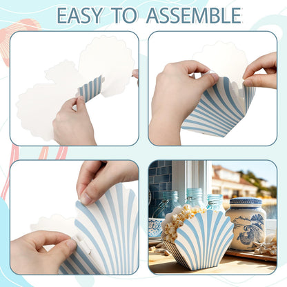 LemonRoad 24 Pcs Scalloped Blue Striped Popcorn Boxes Shell Last Toast on the Coast Party Favor Blue Seashell Treat Boxes for Coastal Beach Mermaid Themed Supplies Ocean Under the Sea Party Favors