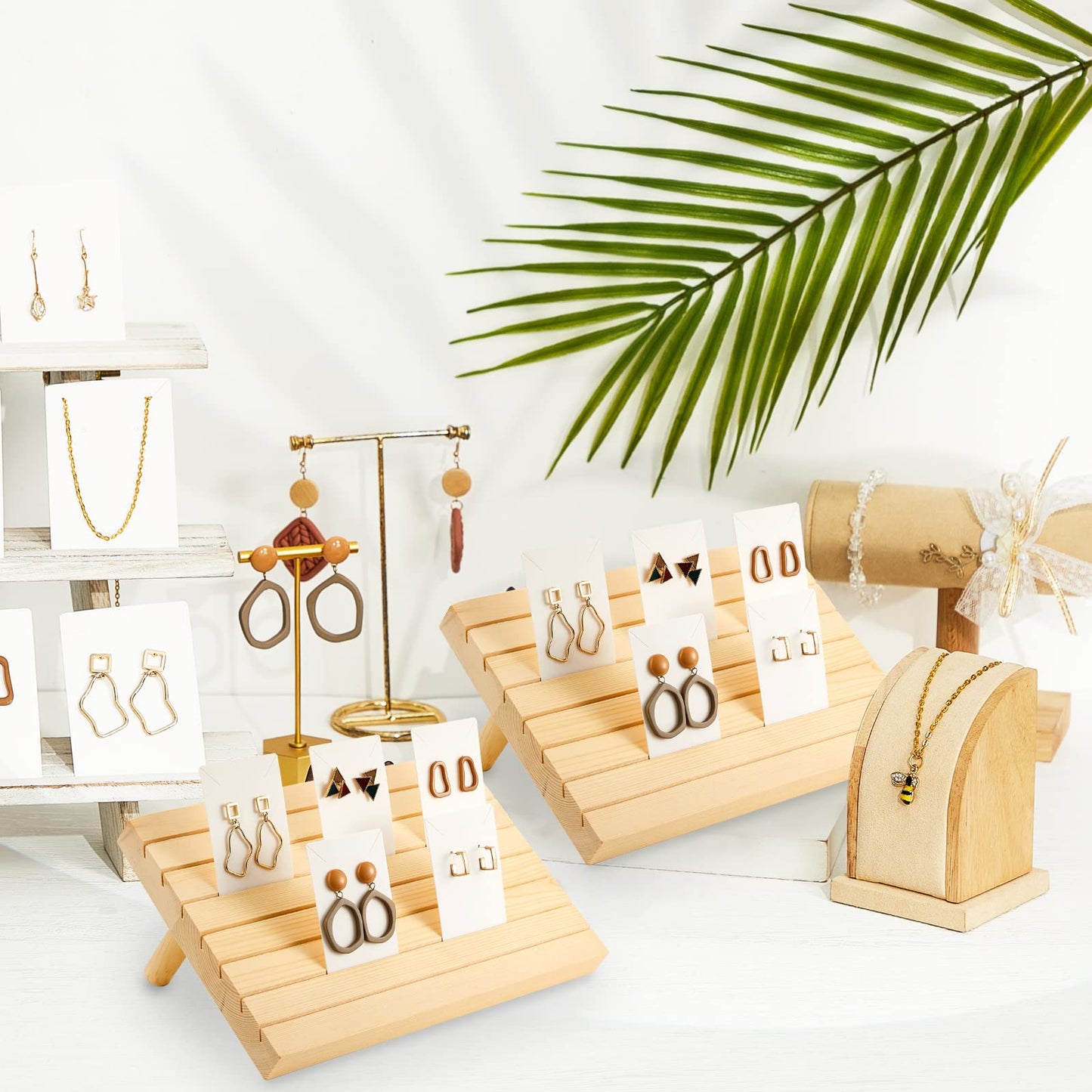 Marsui 62 Pcs Wood Earring Display Stand Earring Card Display 2 Sets of Holder with Cards Jewelry Stands for Selling(Wood Color)