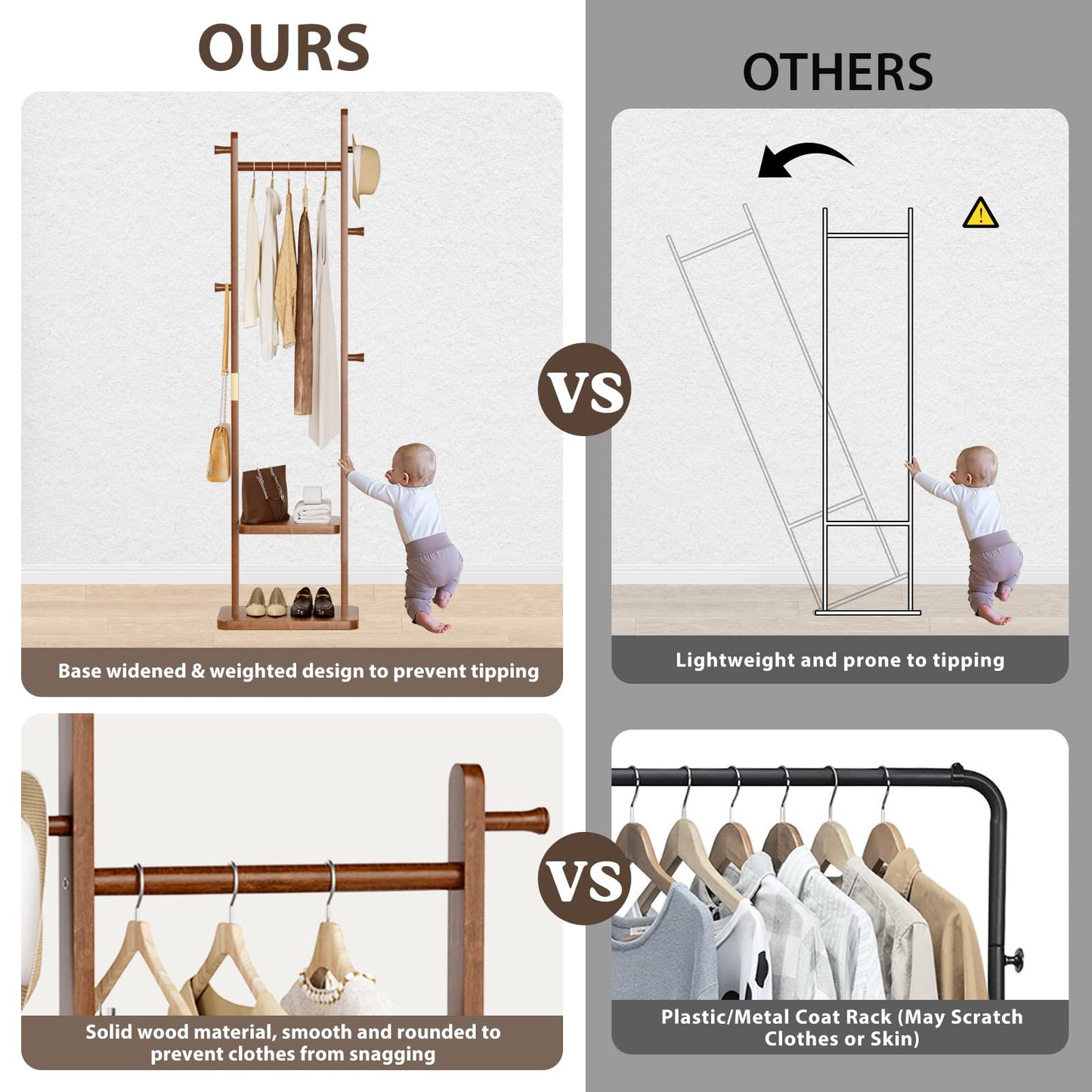 Taitiy Solid Wood Coat Rack, Freestanding Clothing Rack with 2 Shelves Storage & 5 Hooks, Heavy Duty Clothes Rack Stand for Hall, Bedroom, Living Room