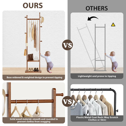 Taitiy Solid Wood Coat Rack, Freestanding Clothing Rack with 2 Shelves Storage & 5 Hooks, Heavy Duty Clothes Rack Stand for Hall, Bedroom, Living Room