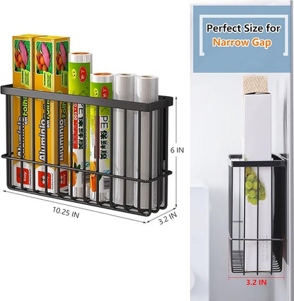 Magnetic Basket Kitchen Refrigerator Organizer Foil and Plastic Wrap Organizer for Fridge Heavy Duty Metal Storage (10.25" L x 3.2" W x 6" H, White)