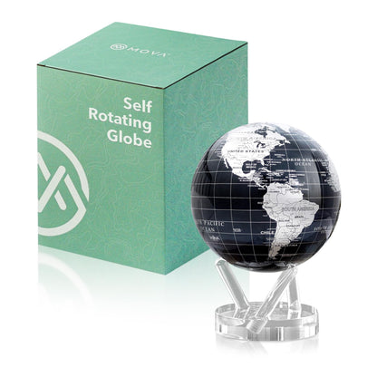 MOVA Globe - Jet Black and Silver Signature (6") | Solar-Powered Rotating Desk Globe with Minimalist Map Design | No Batteries or Cords | Modern Decor Gift