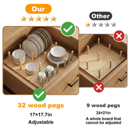 Afcabakila 3Pcs Wood Pegboard Drawer Organizer with 32 Pegs Wooden Peg Board System for Kitchen Dishes Plate 17 x 5.91 in Natural Wood Color