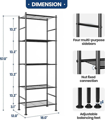 Abiglifty Storage Shelves, 5 Tier Metal Shelf Organizer, Garage Shelving with Adjustable Leveling Feet, Shelves Organizer for Bathroom, Closet, Garage, 18" x 12" x 57", Black