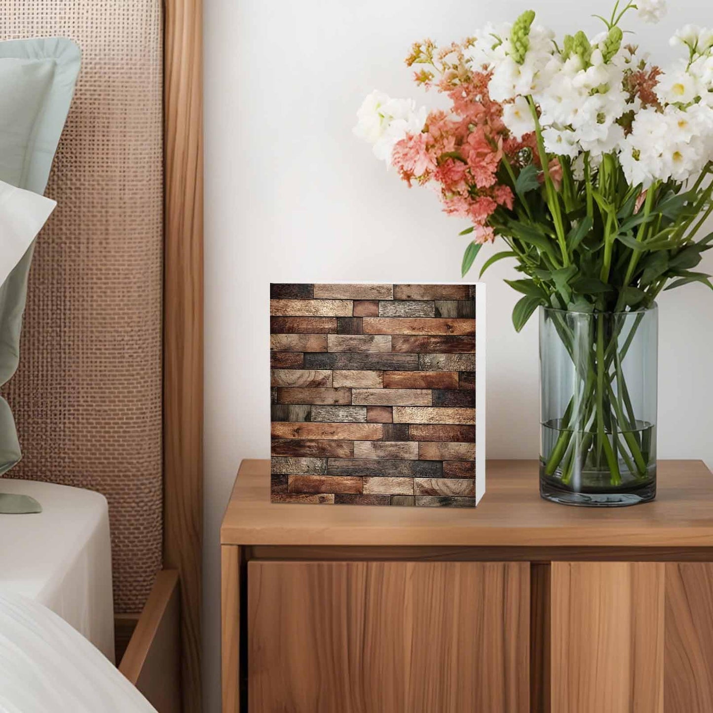 Wood Box Sign Desk Decor Farm Brown Wooden Plank Square Boxes Sign, Retro Country Wood Grain Wooden Block Box Sign Decoration for Home Wall Tabletop Shelf Office Decor,6x6IN