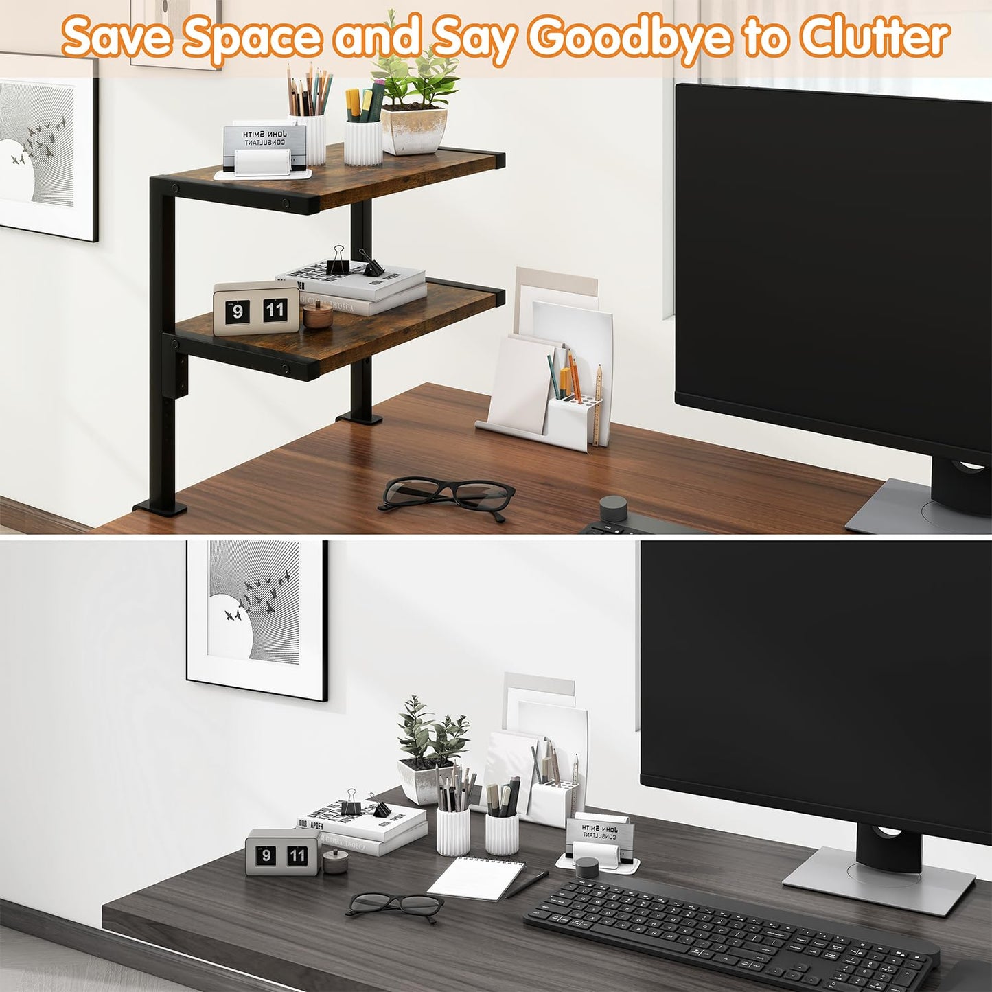 IBUYKE Clamp on Desk Organizer Shelf,12.9 inches Desk Extender Shelves, Above or Below Desk 2-Tier Adjustable Storage Shelves for Desktop Accessories,Rustic Brown,TMZ007H