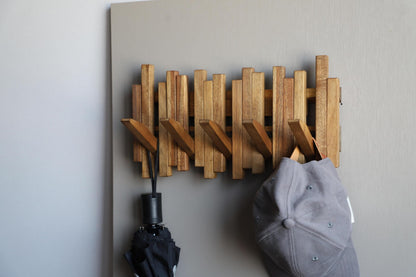GOGREEBELL Natural Wood Wall Mounted Piano Coat Rack| Coat Rack Wall Mount| Flip Down Wall Hook Rack 5 Hooks| Entryway Wall Art Hook,Made of Acacia Wood (Wood Wax Oil staining Light Brown).