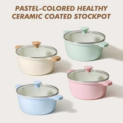 SENSARTE Ceramic Nonstick Stock Pot with Lid, 4.5 Quart Induction Cooking Pot with Tempered Glass Lid, Stew Pot for Soup and Oatmeal, Pasta Casserole, PFOA PFAS PTFE Free, Green