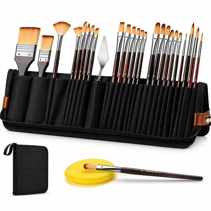 Paint Brush Set for Watercolor & Oil Painting, 26 Pcs Travel Watercolor Acrylic Paint Brushes with Flat, Filbert, Fan, Dagger, Cat Tongue, Round, Palette Knife, Paintbrush Kit for Beginners & Artist