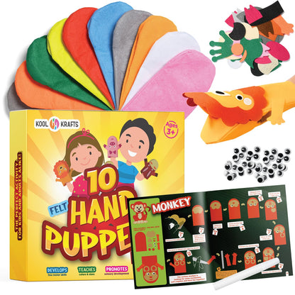 Hand Puppet Kit – Make Your Own Animal Characters, 10 Felt Pieces, Simple Step-by-Step Instructions, Arts & Crafts Activity for Kids, Role Play & Storytelling Birthday Gift
