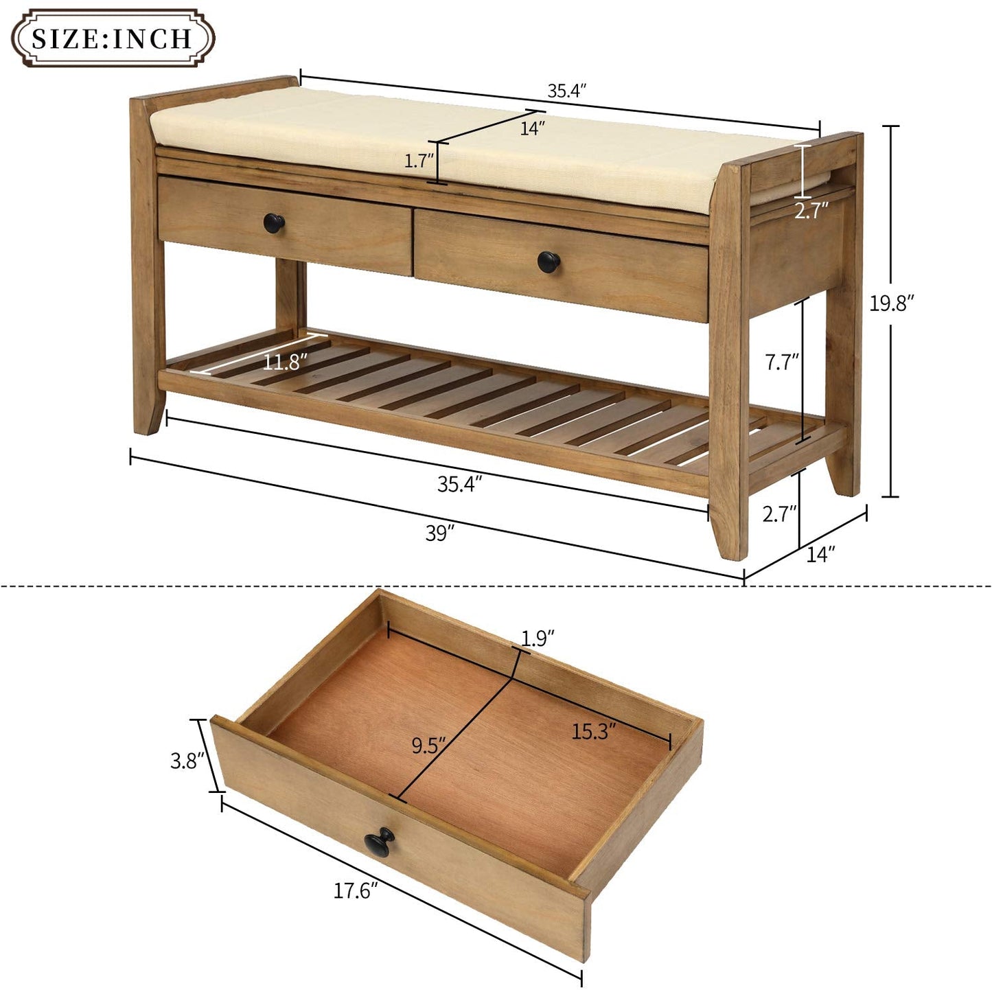 SPOFLYINN FQGXX_KITHJGUJW Gray White with Cushion Wooden Shelf Drawer Living Room Shoe Rack Bedroom Storage Seating Bench, One Size, Old Pine