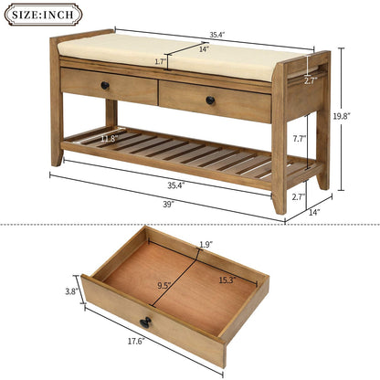 SPOFLYINN FQGXX_KITHJGUJW Gray White with Cushion Wooden Shelf Drawer Living Room Shoe Rack Bedroom Storage Seating Bench, One Size, Old Pine