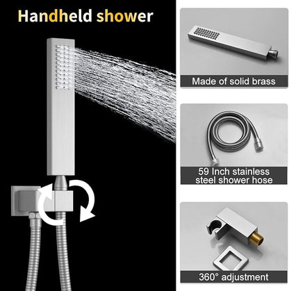 AYIVG Brushed Nickel Thermostatic Rainfall Shower System 16 x 26 Inch Temperature Display Shower Faucet System with Body Jets Smart Ceiling Mount Multi Function 64 Color LED Rainfal Shower Set