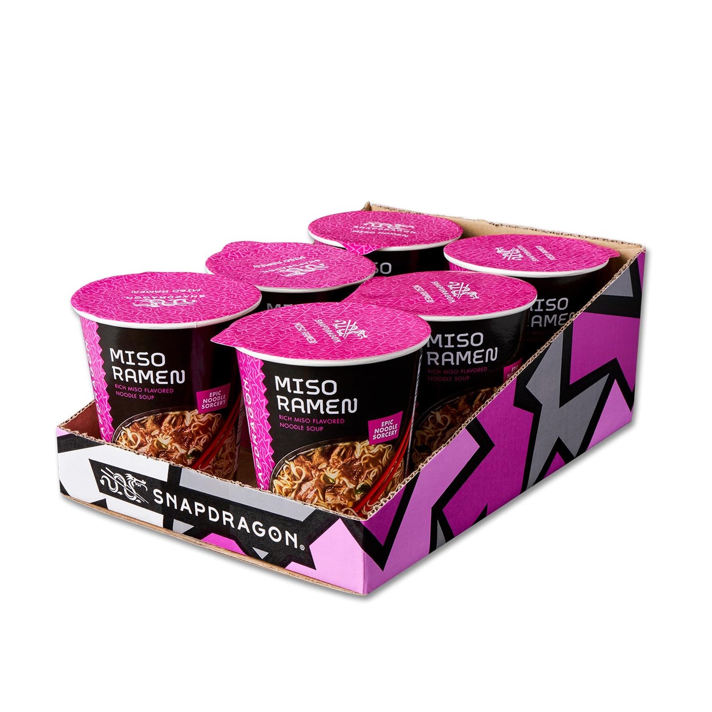 Snapdragon Miso Ramen Cup Noodles - 6 Pack Instant Ramen Bowl with Authentic Wheat Noodles, Soup Sauce Base, Vege Pack and Flavoring Chili Oil. Microwave or Hot Water, Easy Meal Prep